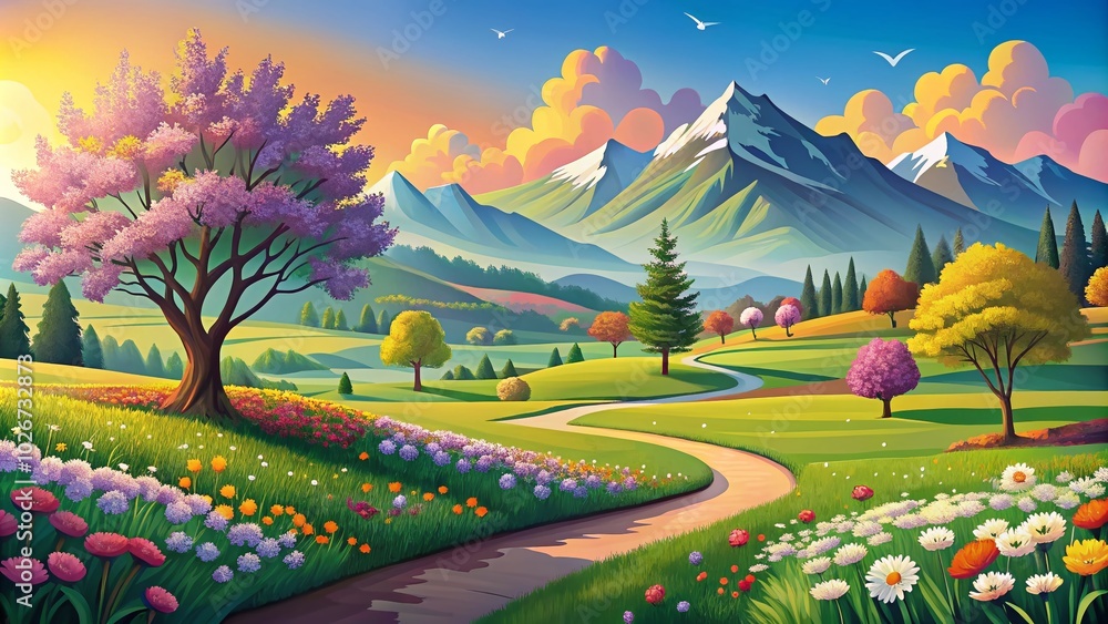 Fototapeta premium Vibrant Spring Rural Landscape with Blossoming Trees, Fields, and Mountains - Perfect for Food Photography and Seasonal Themes