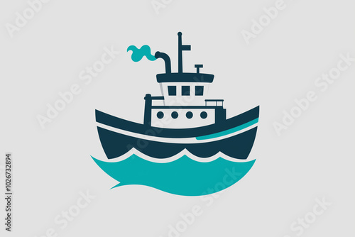 Tugboat Icon in 2D: Departing Teal on a Grey Sea - Essential Harbor Operations