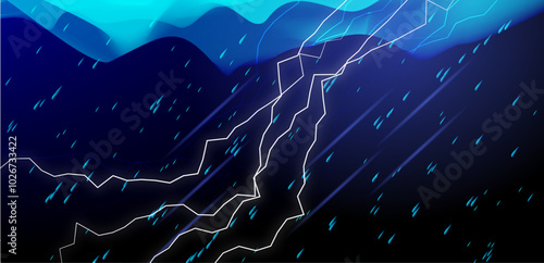 Dynamic Abstract Lightning and Rain Illustration with Blue and Black Gradient Background, Featuring Electric Streaks and Raindrop Effects