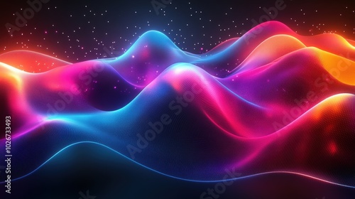 Vibrant undulating waves of color illuminated against a dark backdrop