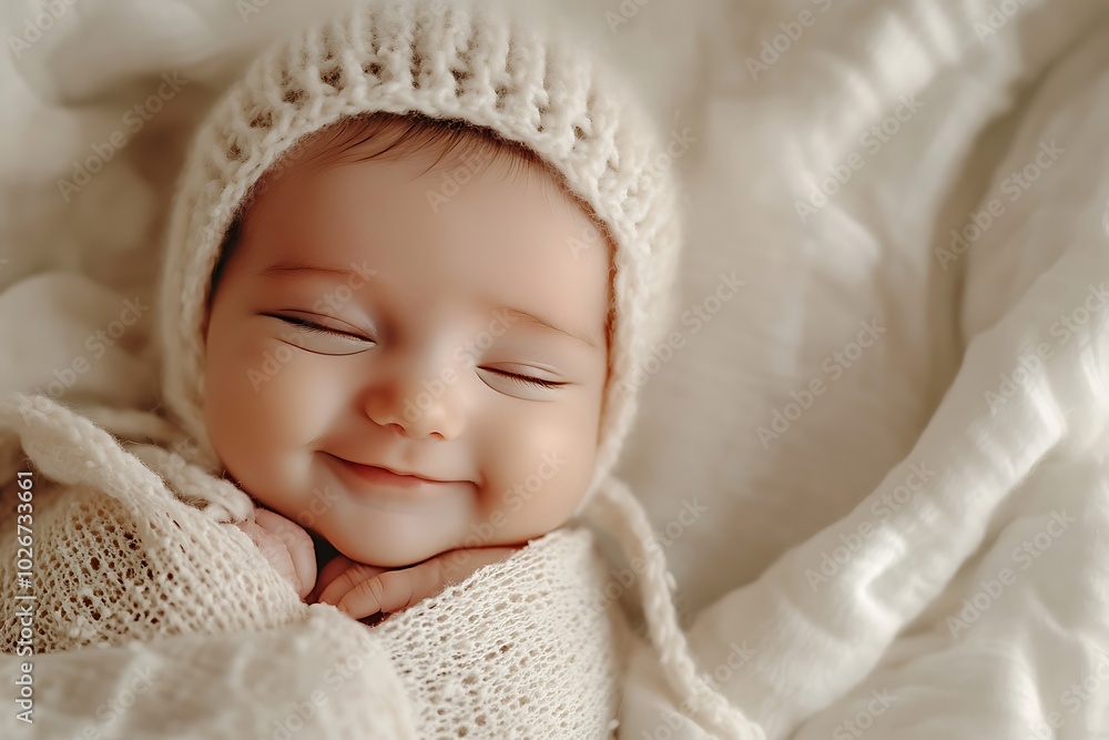 Joyful newborn baby snuggled on a white blanket, close-up portrait. Joyful newborn baby snuggled on a white blanket, close-up portrait.