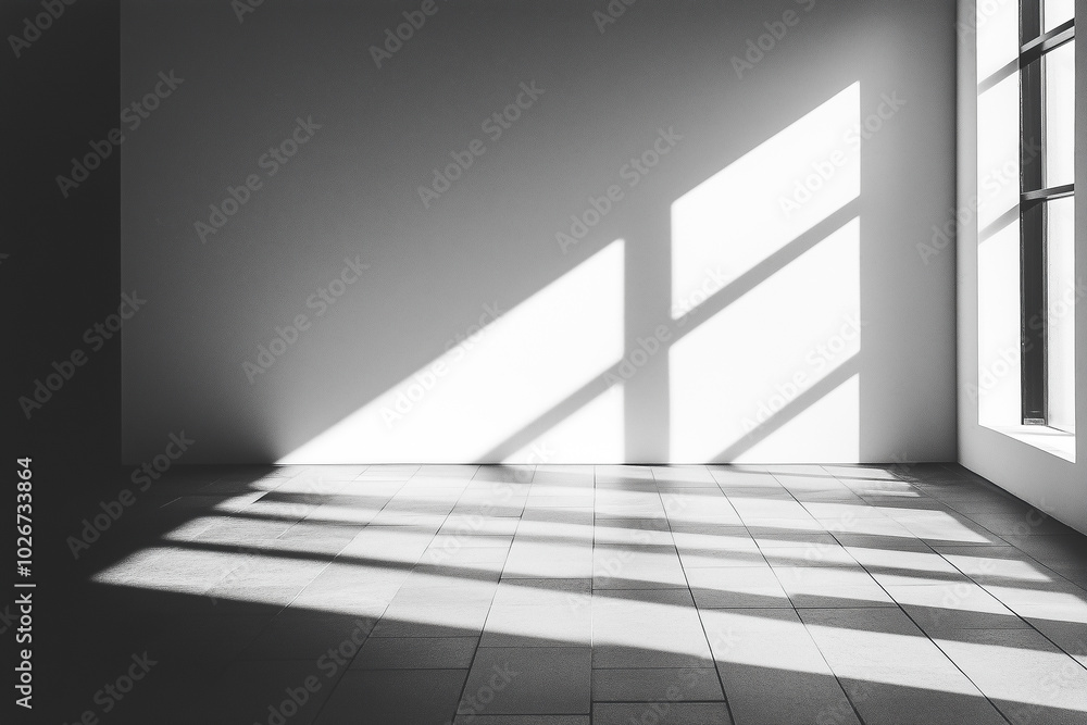 Fototapeta premium Sunlight through window casting geometric shadows on tiled floor in minimalist room