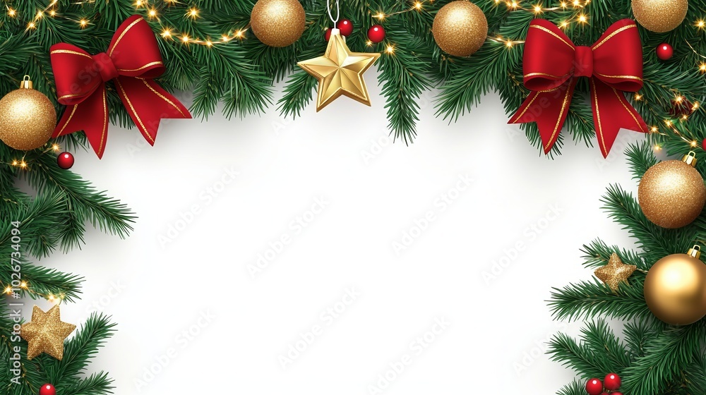 Christmas tree border with green branches, red bow, balls, golden stars, and gold lights isolated on a transparent background. Pine, evergreen plants frame. Vector string garland decoration. Christmas tree border with green branches, red bow, balls, golden stars, and gold lights isolated on a transparent background. Pine, evergreen plants frame. Vector string garland decoration.