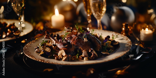 a plate of food on a table with candles