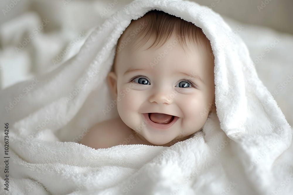 Laughing baby wrapped in a cozy white towel, eyes sparkling, isolated clean background, detailed closeup, soft and smooth textures. Laughing baby wrapped in a cozy white towel, eyes sparkling, isolated clean background, detailed closeup, soft and smooth textures.