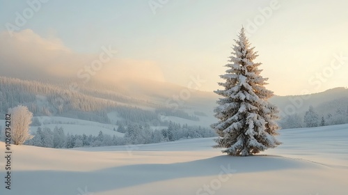 Christmas tree in a snowy landscape with copy space for a December holiday greeting card.