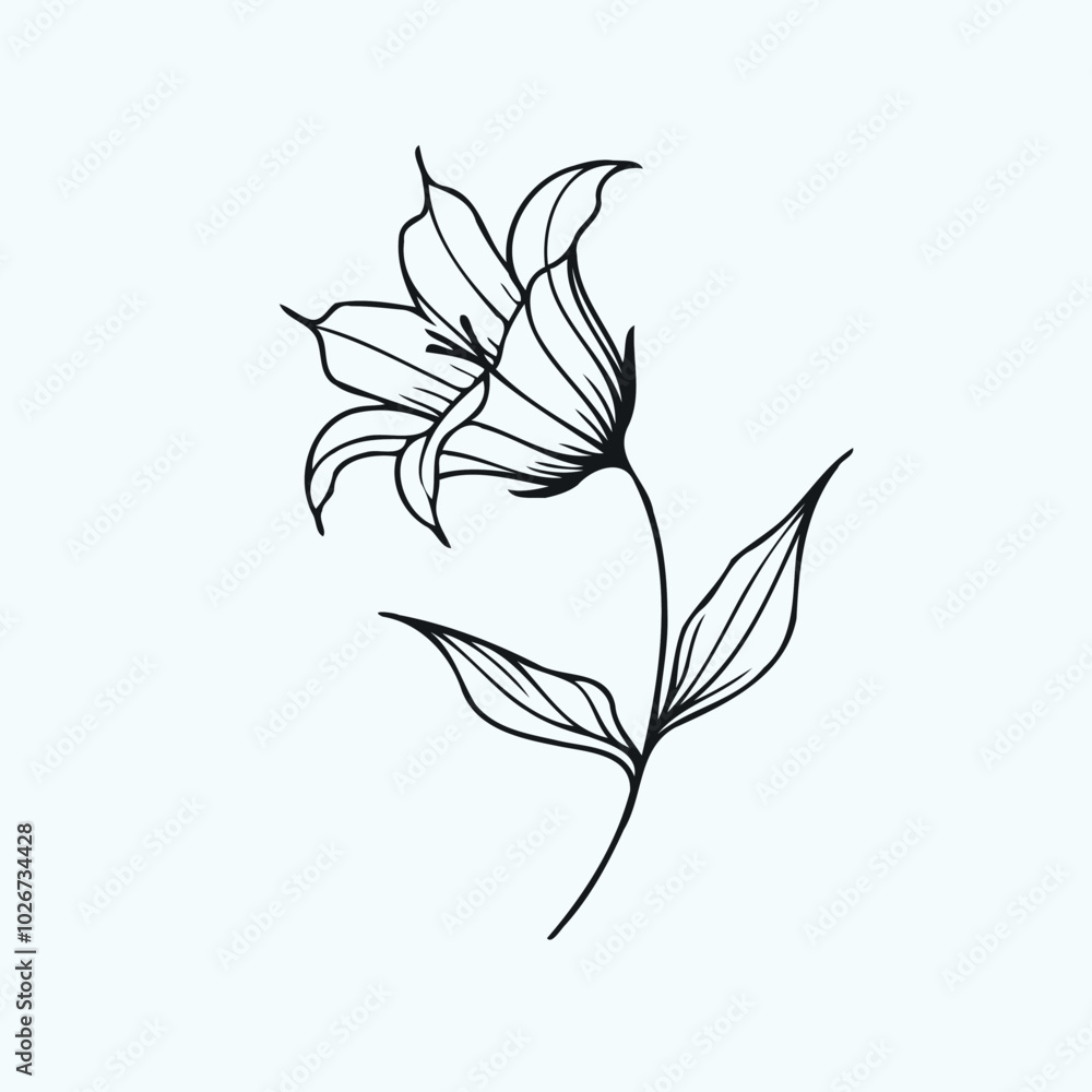 Fototapeta premium Adobe Illustrator Artwork set of contour bluebell line art of flowers, leaves black and white illustration set of decorative elements of plants