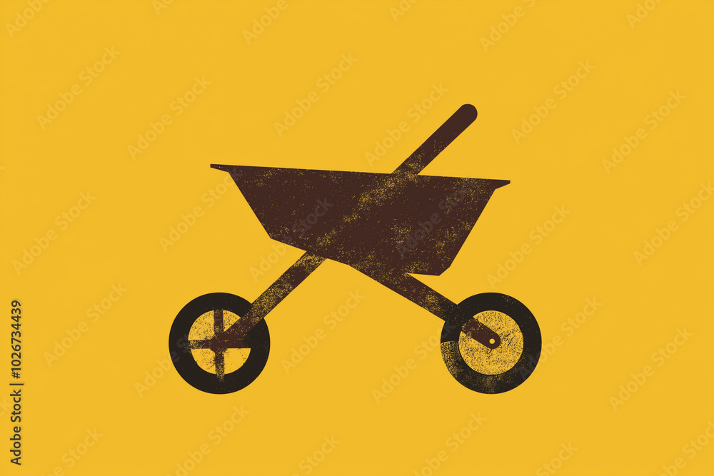 Wheelbarrow Icon in 2D: Departing Brown on a Yellow Background - Essential Gardening Tool Wheelbarrow Icon in 2D: Departing Brown on a Yellow Background - Essential Gardening Tool