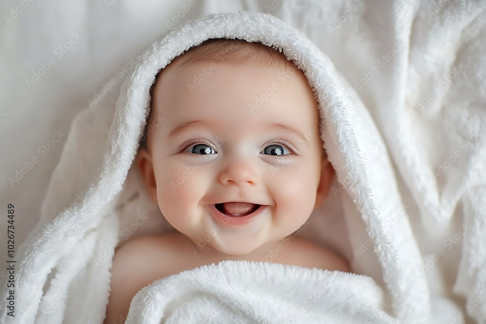 Laughing baby wrapped in a cozy white towel, eyes sparkling, isolated clean background. Laughing baby wrapped in a cozy white towel, eyes sparkling, isolated clean background.