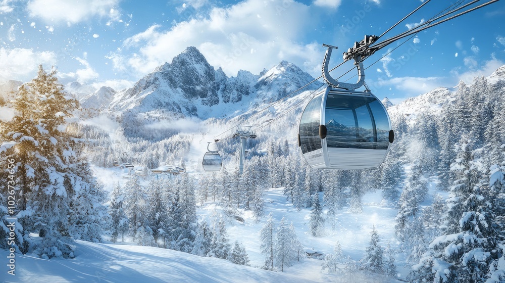 In this opulent winter alpine resort, a new, roomy, big cabin ski lift gondola is set against a backdrop of snow-covered forest trees and mountain peaks. In this opulent winter alpine resort, a new, roomy, big cabin ski lift gondola is set against a backdrop of snow-covered forest trees and mountain peaks.
