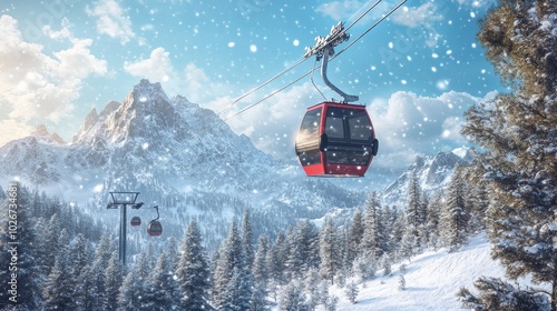 In this opulent winter alpine resort, a new, roomy, big cabin ski lift gondola is set against a backdrop of snow-covered forest trees and mountain peaks.