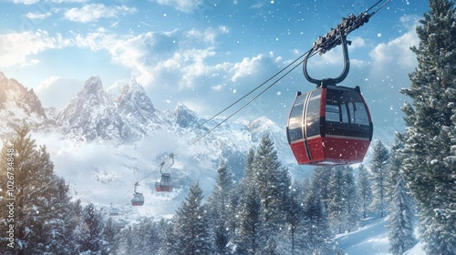 In this opulent winter alpine resort, a new, roomy, big cabin ski lift gondola is set against a backdrop of snow-covered forest trees and mountain peaks.