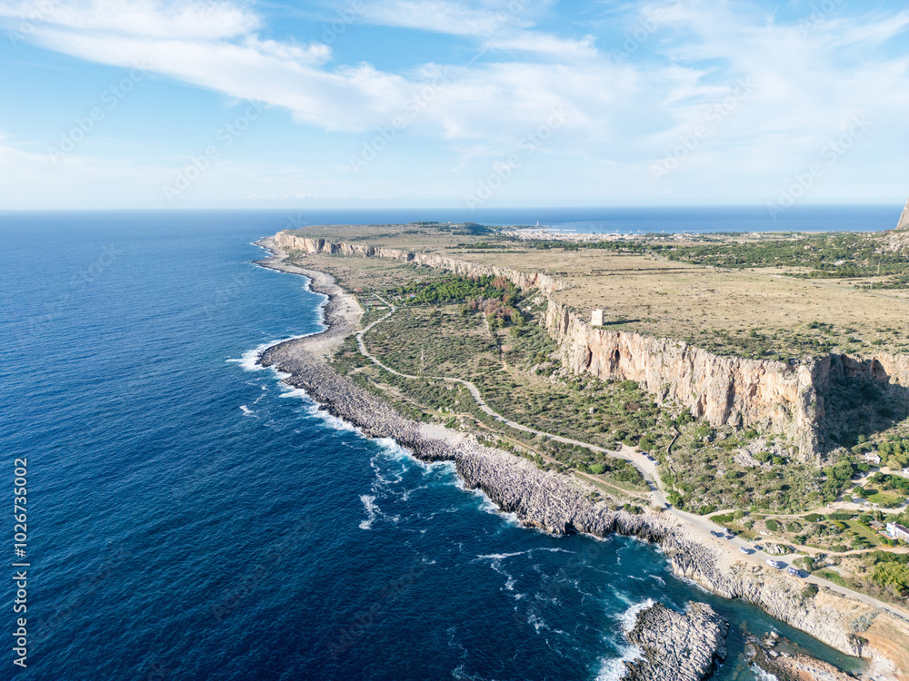 Naklejka premium Aerial View of the Rugged Coastline of Macari near San Vito Lo Capo, Sicily