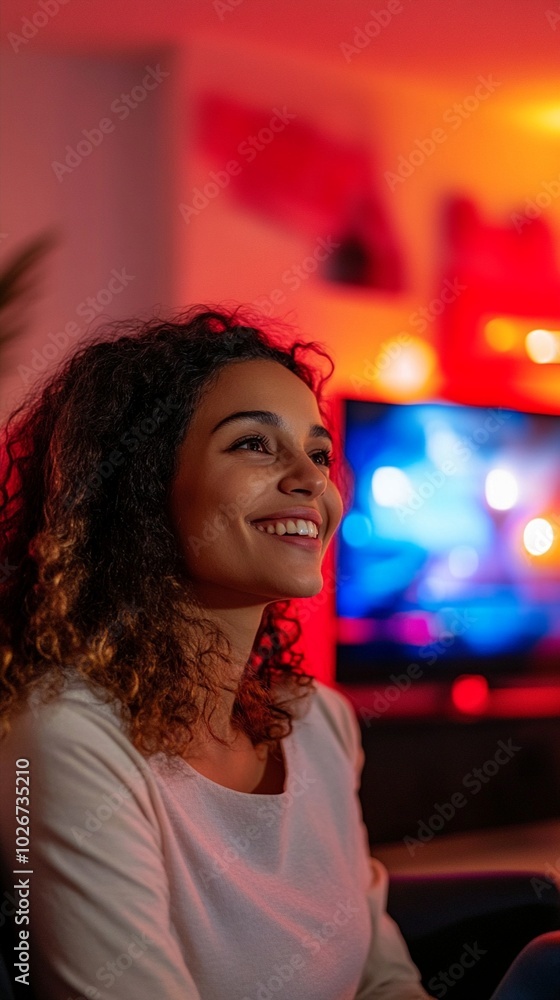 Joyful woman with curly hair smiles brightly in a colorful, dimly lit room. The warm glow of red and blue lights creates a cozy atmosphere, perfect for relaxation and entertainment. Joyful woman with curly hair smiles brightly in a colorful, dimly lit room. The warm glow of red and blue lights creates a cozy atmosphere, perfect for relaxation and entertainment.