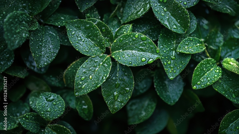 Obraz premium The lush green leaves glisten with water droplets, reflecting the freshness of nature after rain in a tranquil outdoor space. Generative AI