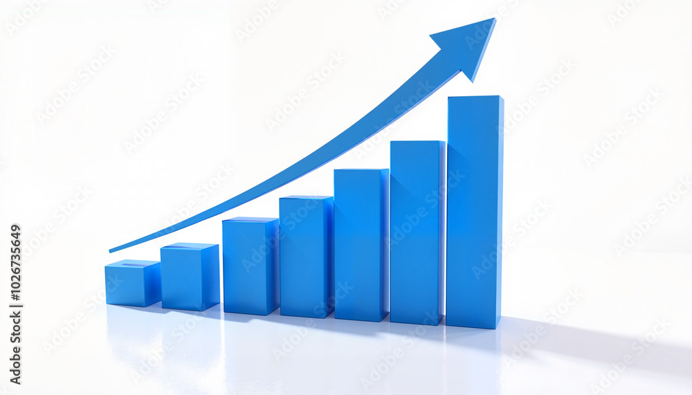 Blue bar graph with upward trend arrow on a light gray background Blue bar graph with upward trend arrow on a light gray background