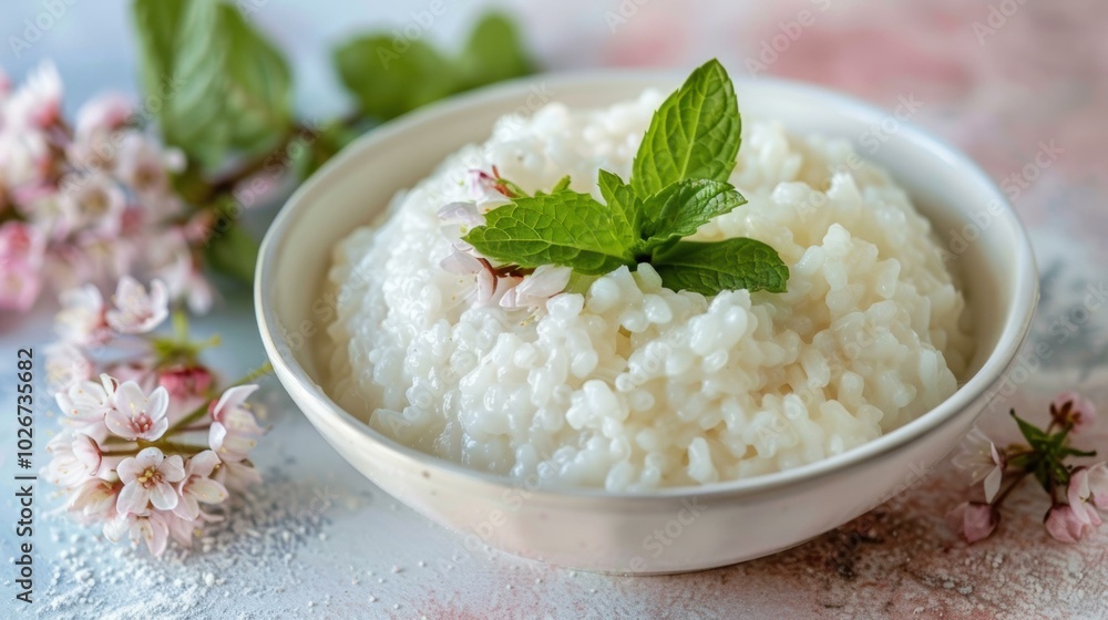 Creamy rice pudding with a sprig of mint. AI. Creamy rice pudding with a sprig of mint. AI.