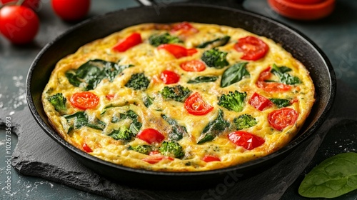 Colorful vegetable frittata with cherry tomatoes, spinach, and broccoli in a cast iron skillet. Healthy breakfast or brunch dish packed with nutrients. photo