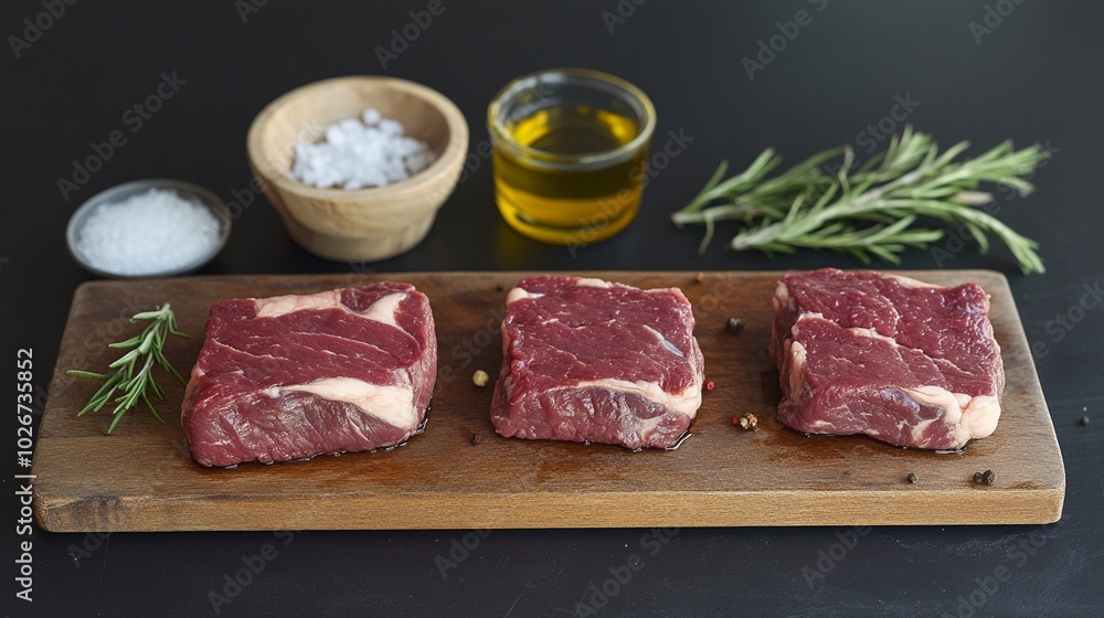 Raw ribeye steaks on wooden board with salt, olive oil, and fresh rosemary sprigs. Gourmet cooking ingredients for a flavorful meat dish preparation. Raw ribeye steaks on wooden board with salt, olive oil, and fresh rosemary sprigs. Gourmet cooking ingredients for a flavorful meat dish preparation.