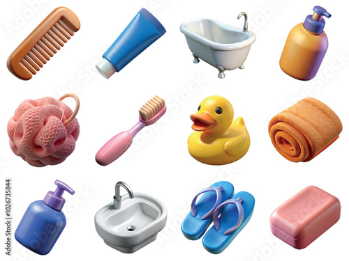 Collection of different bathroom accessories and elements 3d icons
