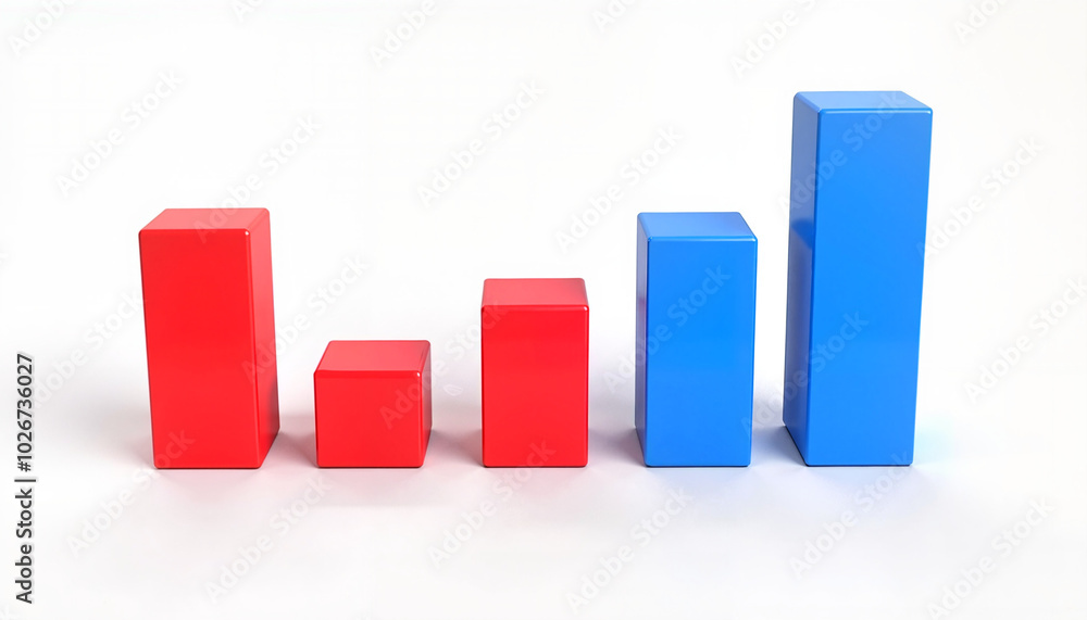Red and blue bar chart on white background depicting growth trends, copy space Red and blue bar chart on white background depicting growth trends, copy space