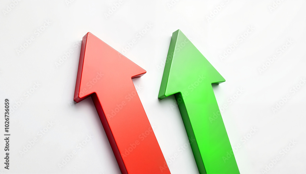 Red and green arrows pointing upward on white background symbolizing trends, copy space Red and green arrows pointing upward on white background symbolizing trends, copy space
