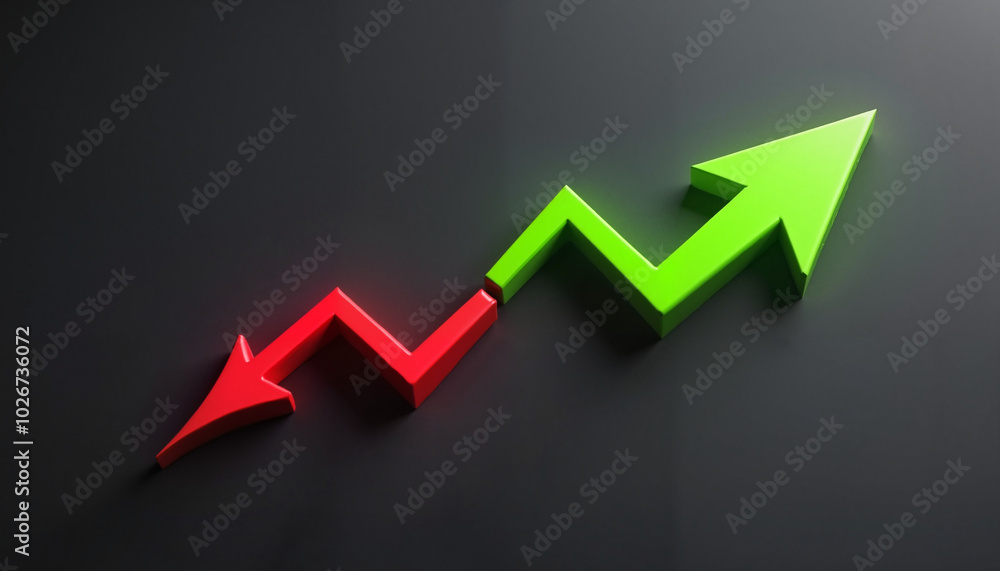 Red and green zigzag arrows on dark background representing market trends, copy space Red and green zigzag arrows on dark background representing market trends, copy space