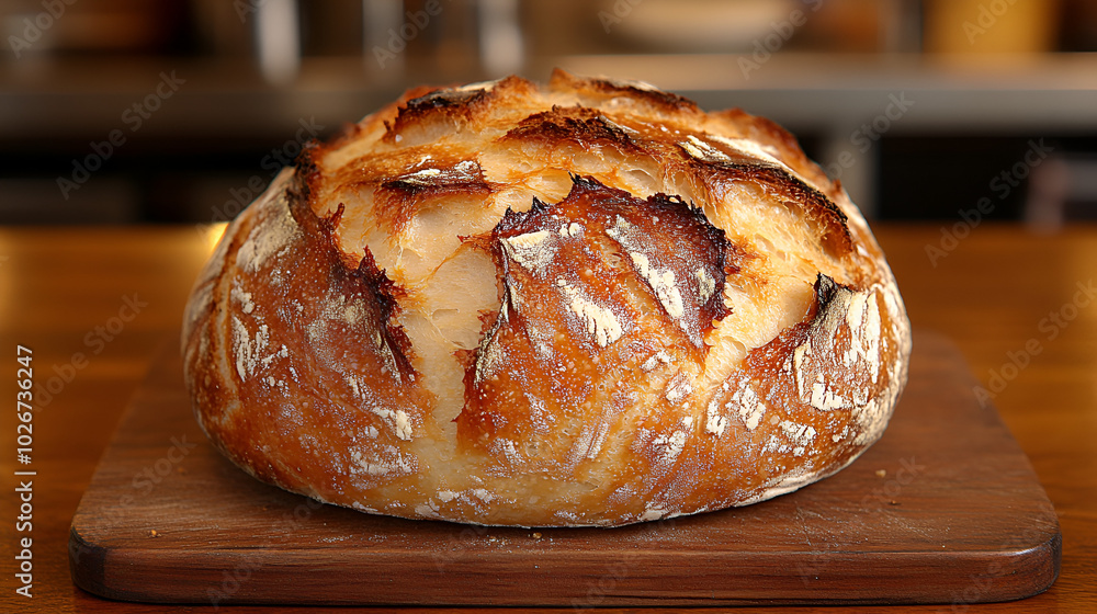 Freshly baked artisan sourdough loaf resting on a wooden cutting board in a cozy kitchen setting Freshly baked artisan sourdough loaf resting on a wooden cutting board in a cozy kitchen setting