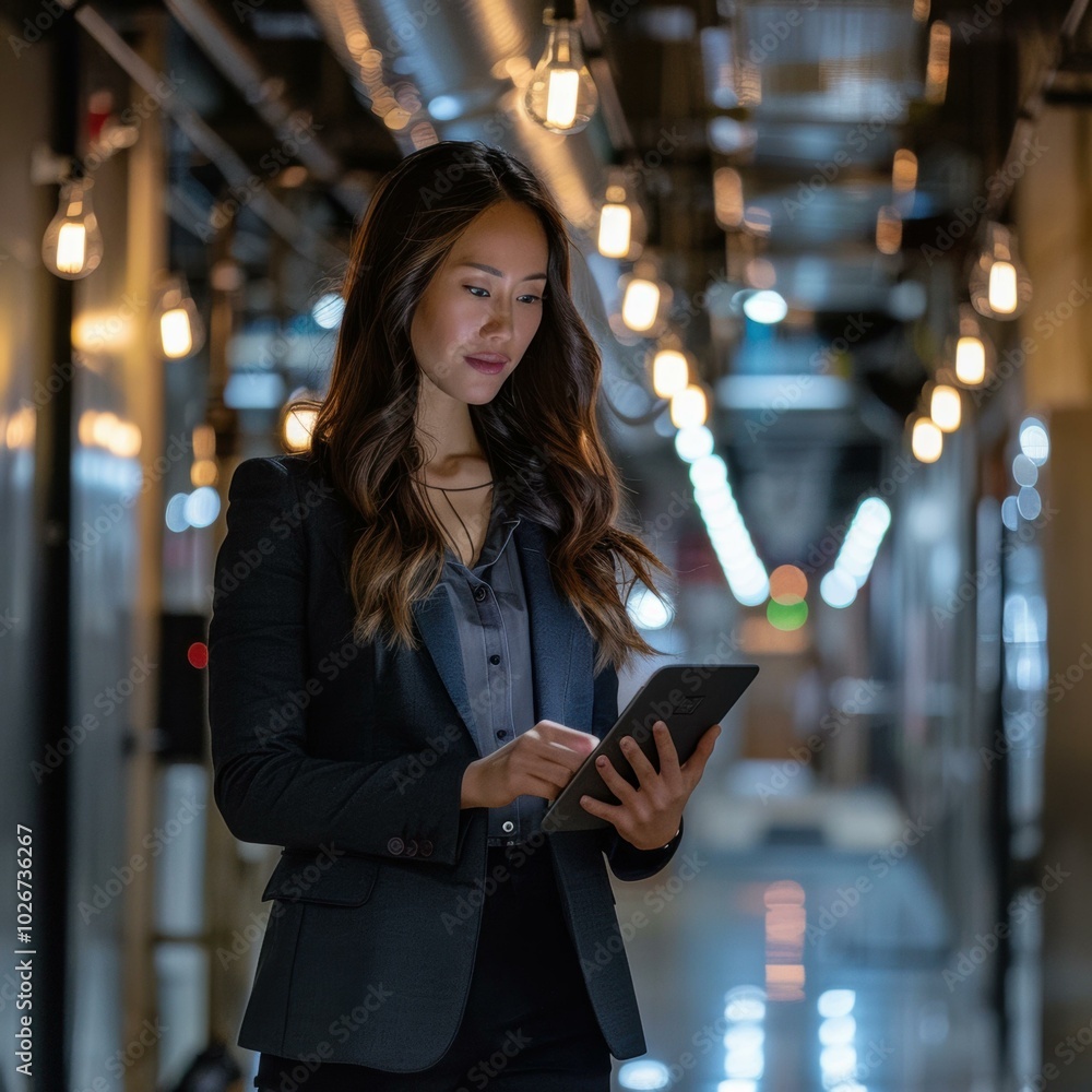 A woman in a blazer uses a tablet in a hallway. AI. A woman in a blazer uses a tablet in a hallway. AI.