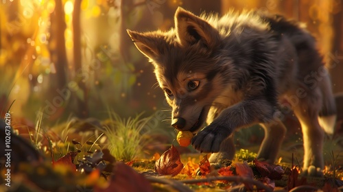 A wolf pup in a brightly lit forest biting a squeaky toy photo