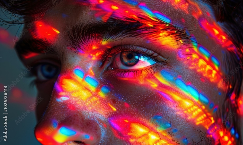 A close-up of a person's eye with colorful lights reflecting on their face. AI. A close-up of a person's eye with colorful lights reflecting on their face. AI.