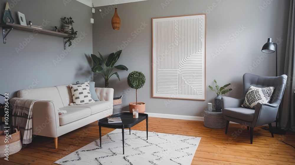Fototapeta premium A stylish boho Scandinavian living room featuring a beige sofa, black coffee table, and large artwork on a grey wall.
