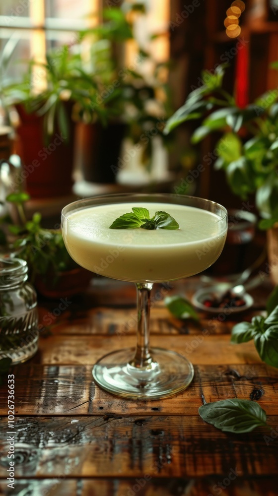 A creamy cocktail garnished with a sprig of mint. AI. A creamy cocktail garnished with a sprig of mint. AI.