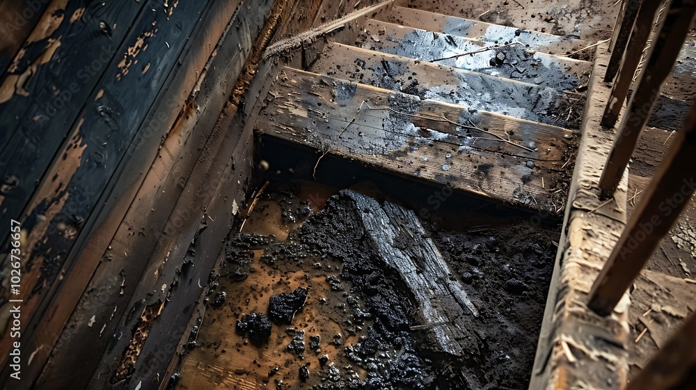 A wooden staircase that has a small hole in it and some mud spilling out of the breach A wooden staircase that has a small hole in it and some mud spilling out of the breach