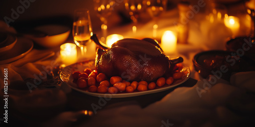 a turkey on a plate with candles in the background photo