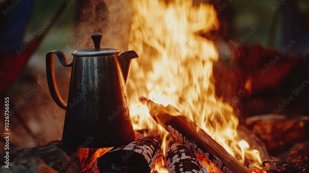 An antique coffee pot over a campfire. Beautiful campfire background for an evening. cozy, romantic setting with a fire An antique coffee pot over a campfire. Beautiful campfire background for an evening. cozy, romantic setting with a fire