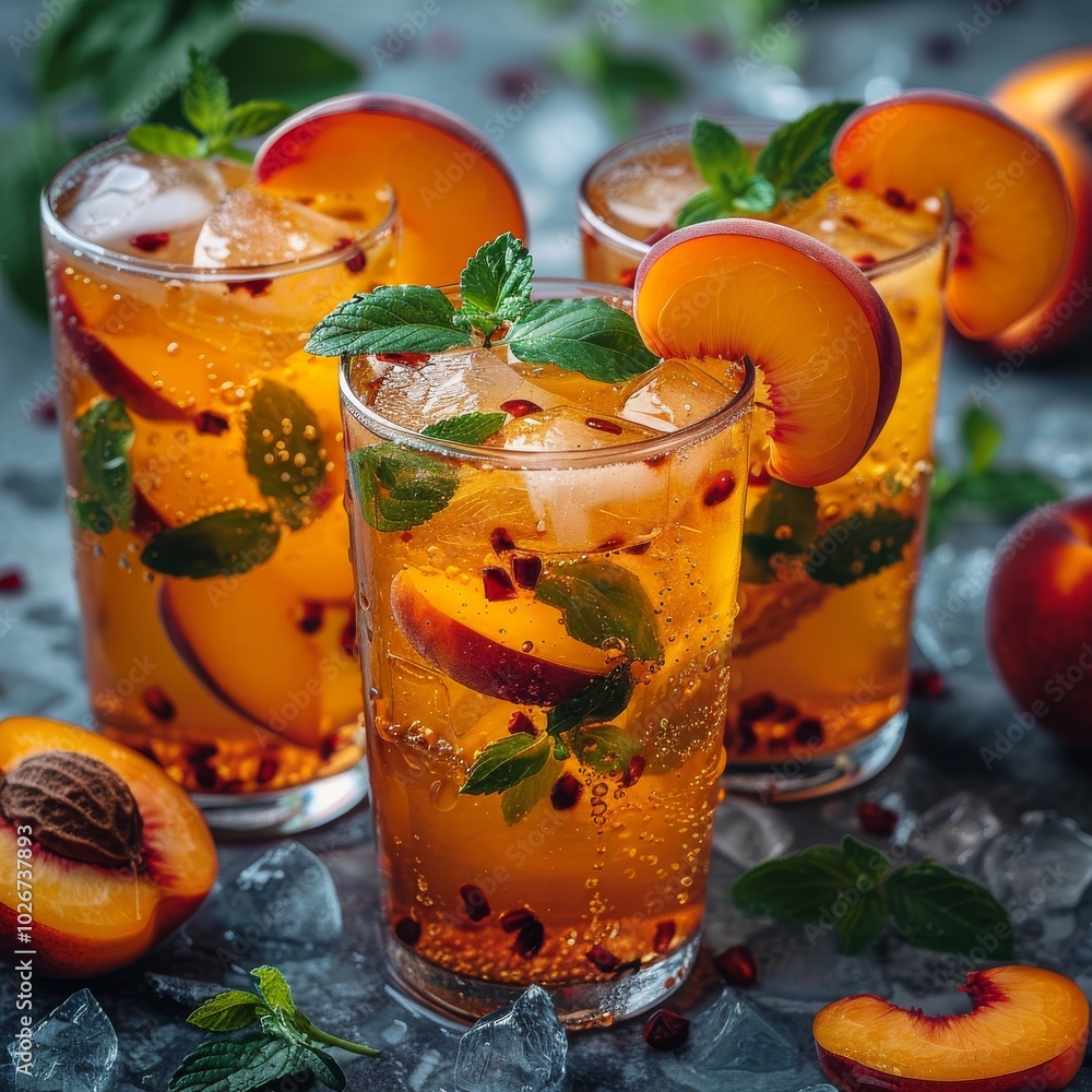 Fototapeta premium A cold, flavorful peach tea in tall glasses, displayed on a turquoise slate or concrete background.