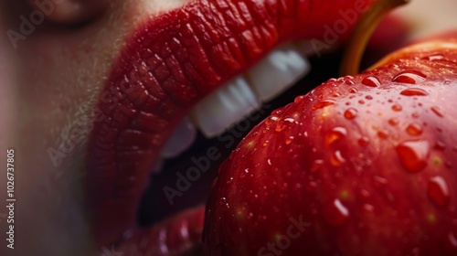 Close-up of teeth biting into a crisp apple.
