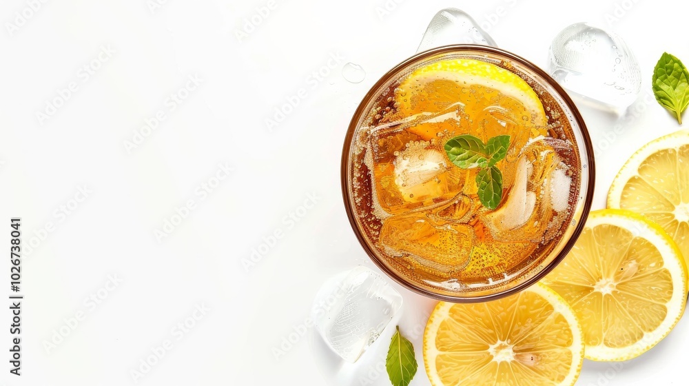A glass of iced lemon tea, viewed from above and placed on a white surface.
A glass of iced lemon tea, viewed from above and placed on a white surface.