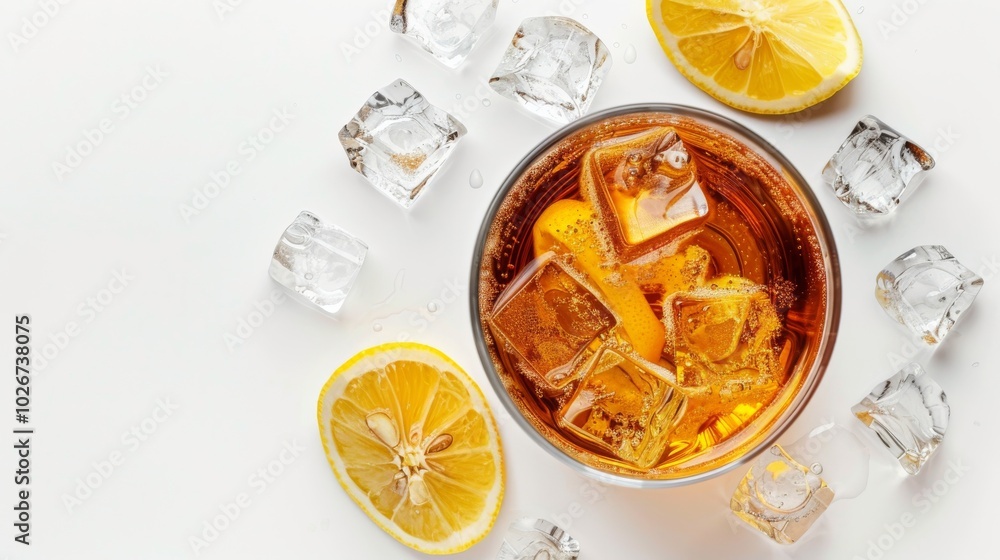 A glass of refreshing lemon iced tea, isolated on a white background, seen from the top.
A glass of refreshing lemon iced tea, isolated on a white background, seen from the top.