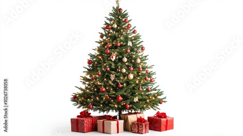 Festive Christmas tree with gifts beneath, isolated on a white background.