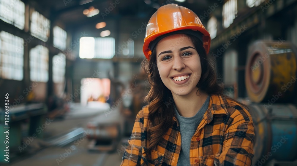 A cheerful young woman in a hardhat smiles confidently at the camera, posing in a production workshop. A cheerful young woman in a hardhat smiles confidently at the camera, posing in a production workshop.