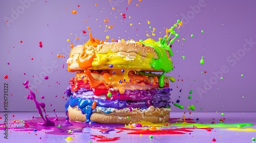 An attractive creative view of a sandwich of cookies splattered with rainbow paint against a purple backdrop photo