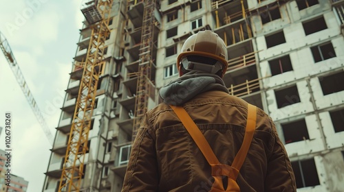 A young builder or architect in a safety helmet stands with his back to the camera, looking at the multi-storey building under construction, imagining his future home.