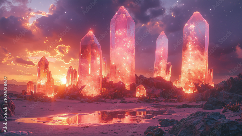 magical pink crystals rise from the desert sands beneath a celestial sky filled with stars magical pink crystals rise from the desert sands beneath a celestial sky filled with stars