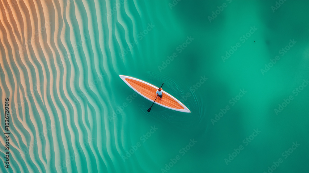 A lone paddleboarder glides through turquoise waters with a sandy bottom. A lone paddleboarder glides through turquoise waters with a sandy bottom.