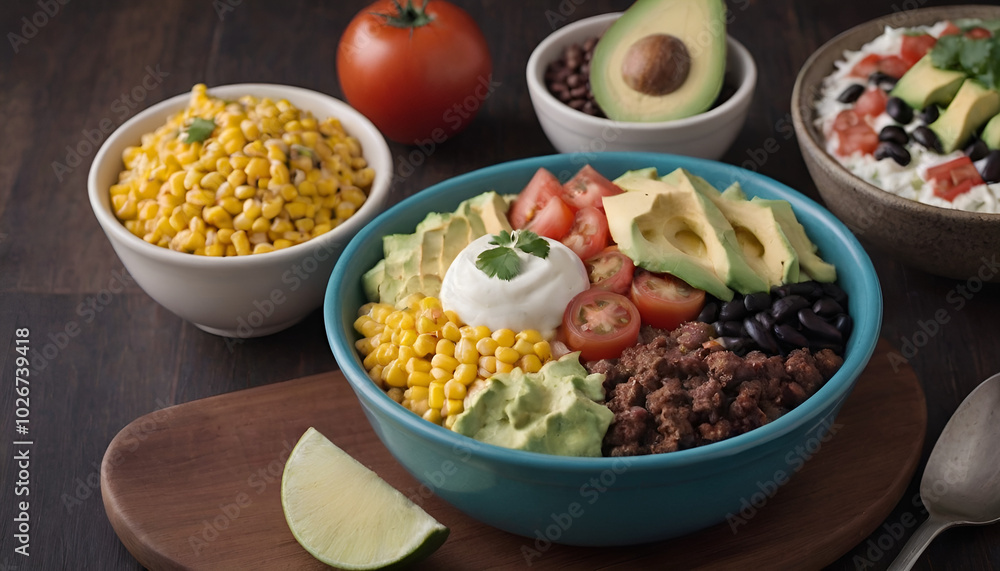 burrito bowl with ground beef, tomato, avocado, corn, black beans and sour cream burrito bowl with ground beef, tomato, avocado, corn, black beans and sour cream