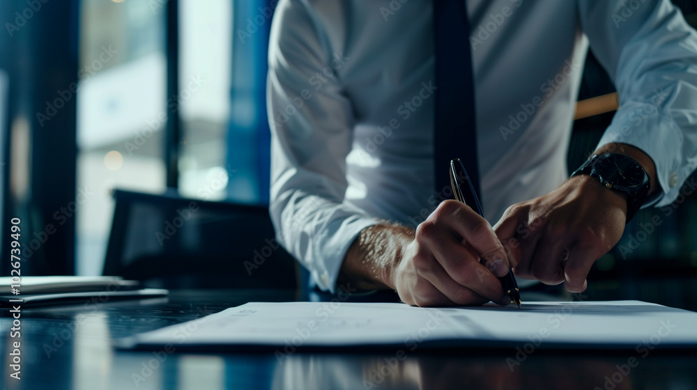 An executive in a white shirt and tie signs a contract with a pen An executive in a white shirt and tie signs a contract with a pen