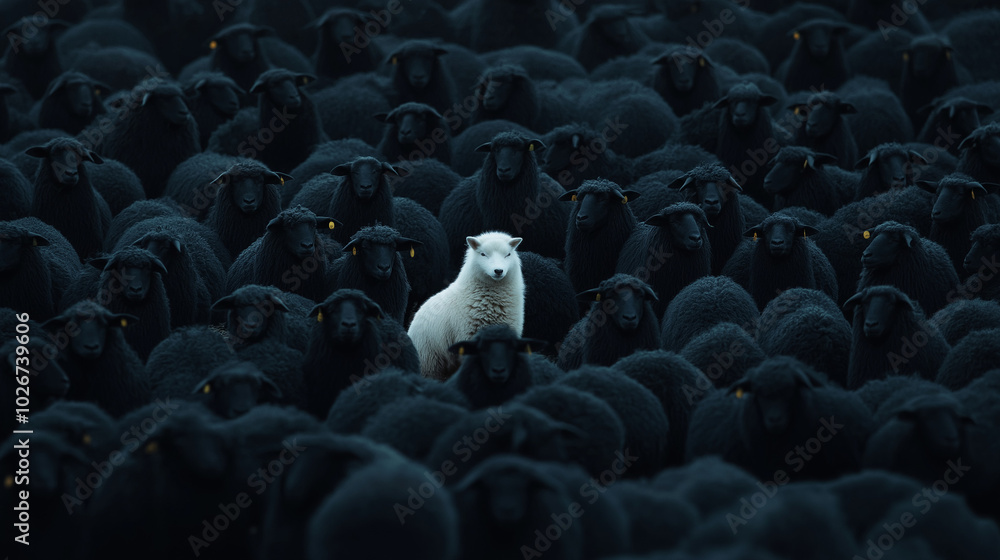 Obraz premium One white sheep stands out amongst a crowd of black sheep.