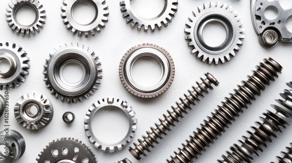 Assorted Metal Gears and Machine Parts on White Background Assorted Metal Gears and Machine Parts on White Background
